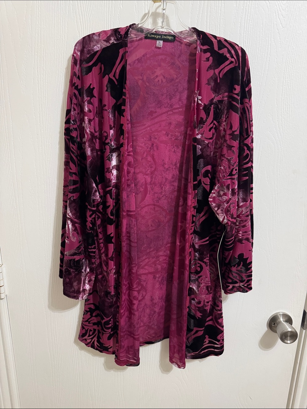 Always Indigo Burnout Velvet Kimono Berry Floral 3/4 Sleeve XL NWT Open Front